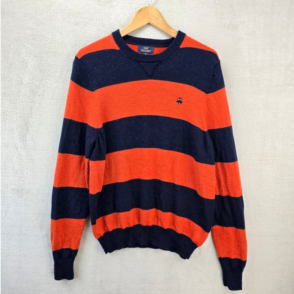 Brooks Brothers 346 Merino Wool Sweater Mens Medium Striped Orange Blue *HOLE*